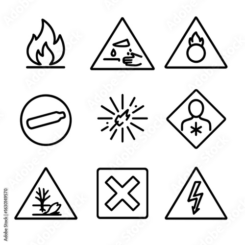 Hazard Symbol Icons. Outline icon set of hazard symbols: flammable, corrosive, oxidizer, compressed gas, explosive, health hazard,