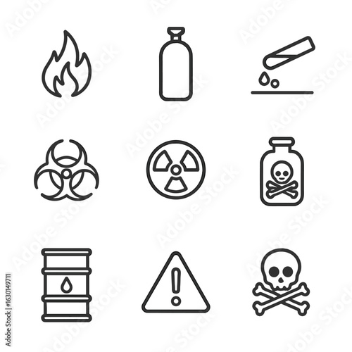 Hazardous Material Icons. Outline icon set of hazardous materials: flammable liquid, gas canister, corrosive substance, biohazard,