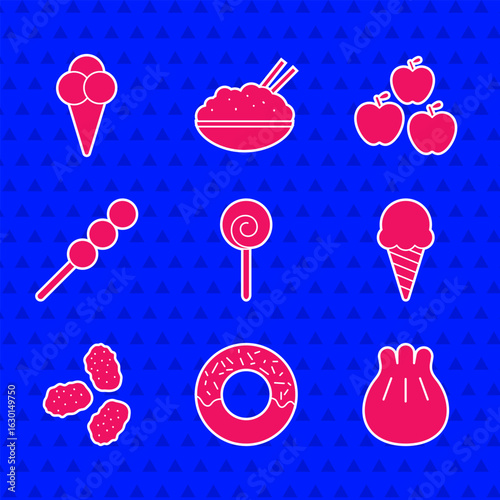 Set Lollipop, Donut, Khinkali cutting board, Ice cream waffle cone, Chicken nuggets, Meatballs wooden stick, Apple and icon. Vector