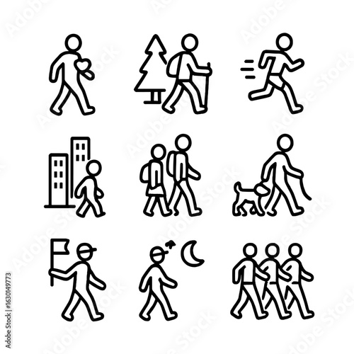 Walking Event Icons. Outline icon set of walking events: charity walk, nature hike, marathon, city tour, school walk, dog walk,