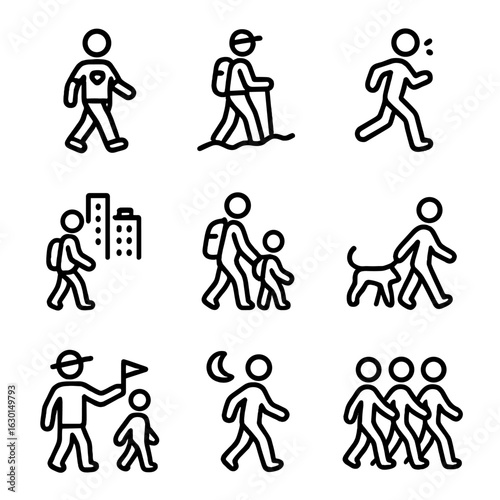 Walking Event Icons. Outline icon set of walking events: charity walk, nature hike, marathon, city tour, school walk, dog walk,