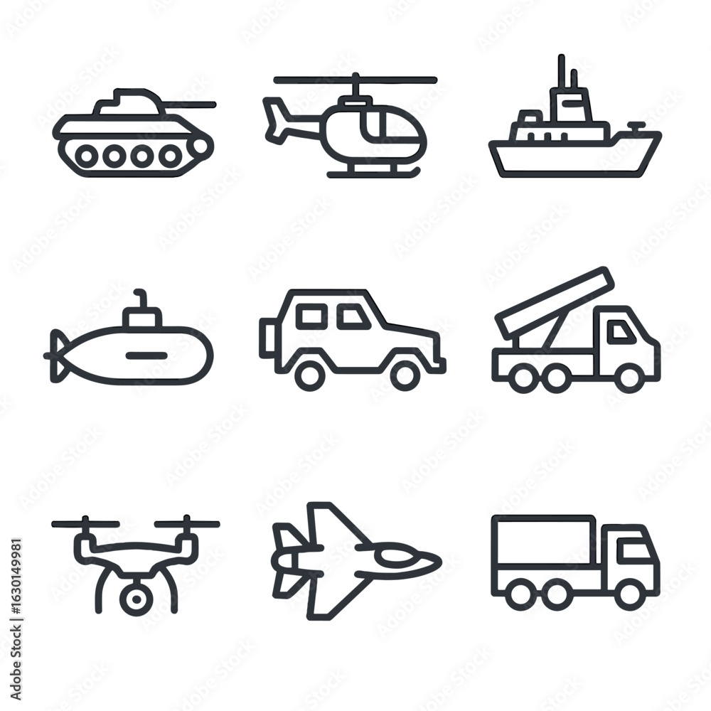 Fototapeta premium War Vehicles Icons. Outline icon set of war vehicles: tank, helicopter, battleship, submarine, armored car, missile launcher,