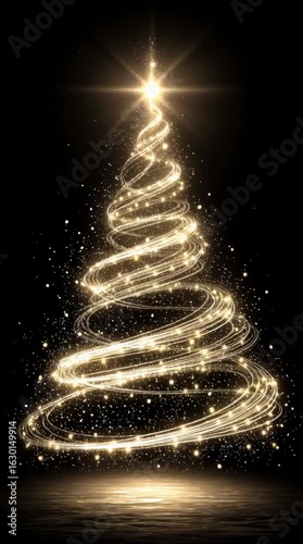 Glowing neon Christmas tree animation with swirling light trails on dark background, perfect for holiday greeting videos, festive intros, and seasonal motion graphics.