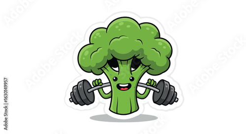 Cartoon broccoli lifting weights with happy expression