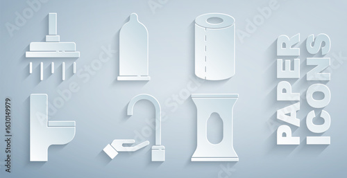 Set Washing hands with soap, Paper towel roll, Toilet bowl, Wet wipe pack, Condom and Shower head icon. Vector