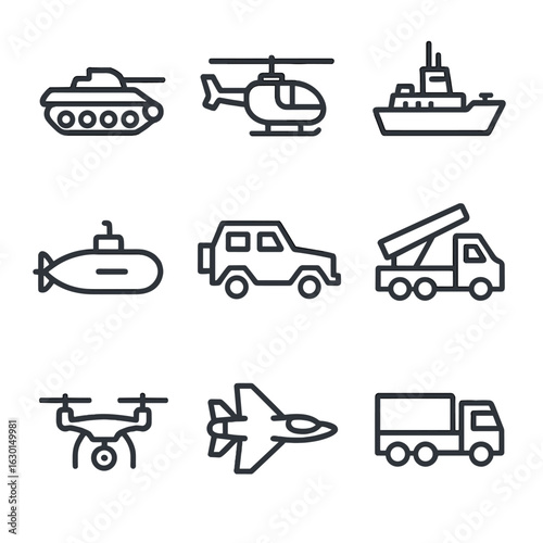 War Vehicles Icons. Outline icon set of war vehicles: tank, helicopter, battleship, submarine, armored car, missile launcher,