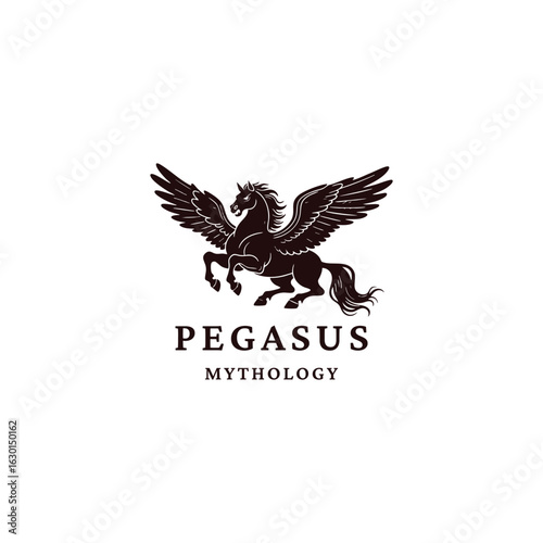 Elegant engraving style illustration of a majestic Pegasus with detailed wings and flowing mane. design vector