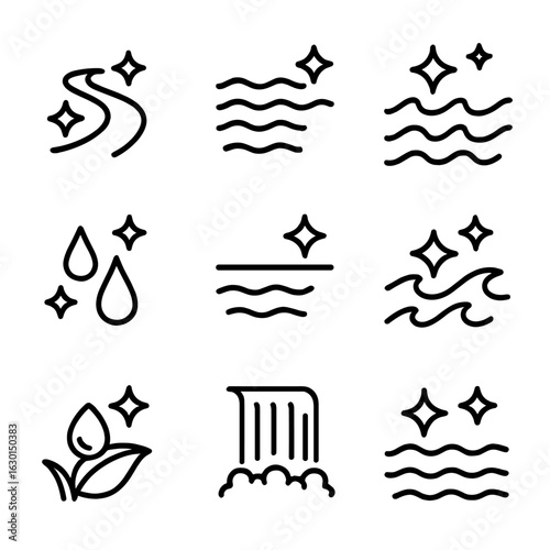 Water Sparkle Icons. Outline icon set of water sparkle: sparkling river, shimmering lake, glittering ocean, sparkling raindrops,