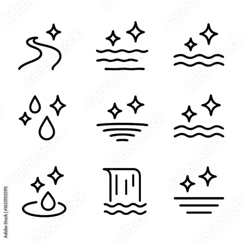 Water Sparkle Icons. Outline icon set of water sparkle: sparkling river, shimmering lake, glittering ocean, sparkling raindrops,