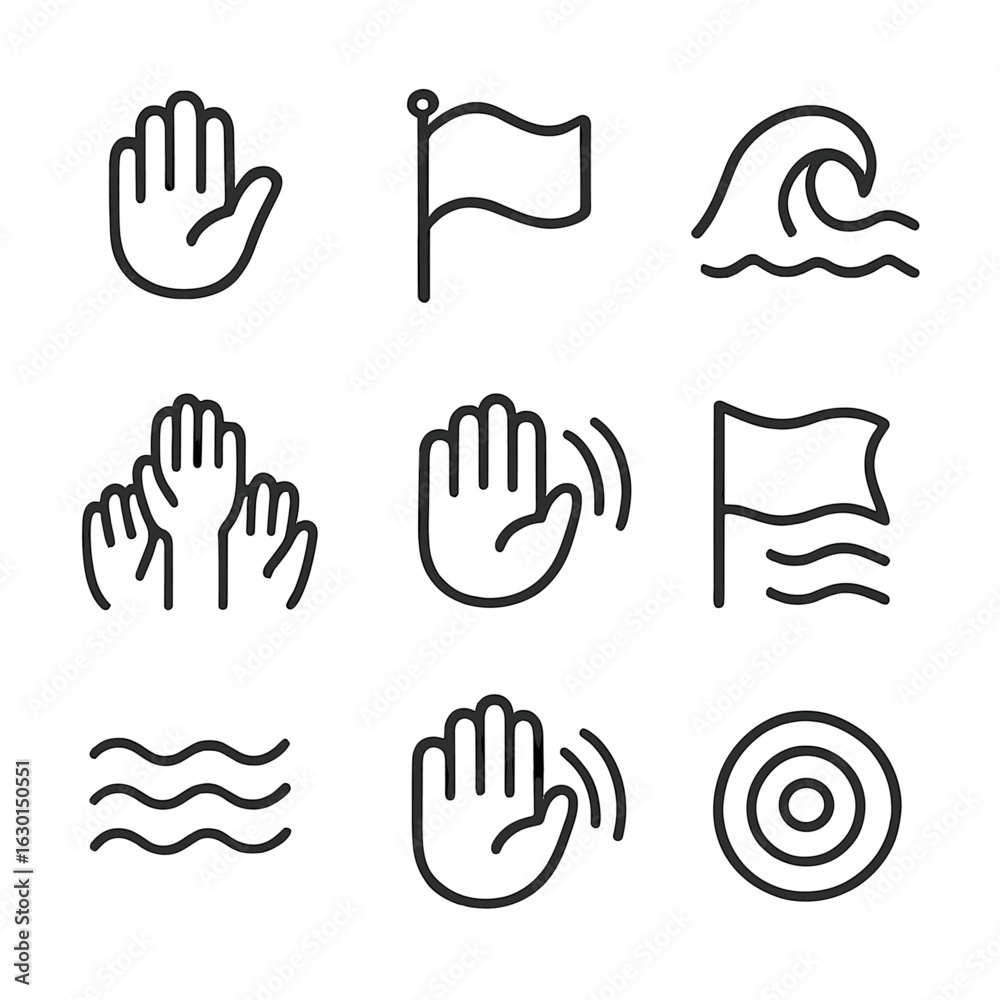 Obraz premium Wave Gesture Icons. Outline icon set of wave gestures: hand wave, flag wave, sea wave, cheer wave, wave motion, greeting wave,