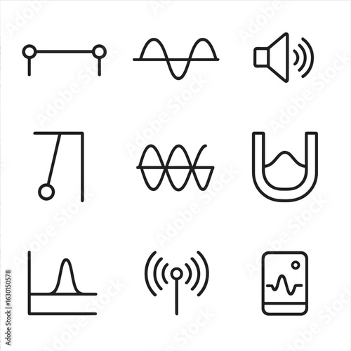 Wave Mechanics Icons. Outline icon set of wave mechanics: vibrating string, harmonic wave, sound resonance, oscillating pendulum,