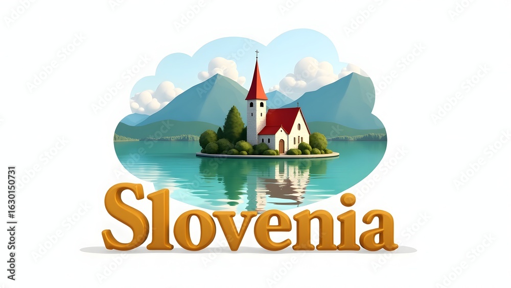 Naklejka premium 3D illustration of Lake Bled, Slovenia’s most famous lake, known for its picturesque island church and stunning natural scenery. The word 'Slovenia' in 3D letters below. 2