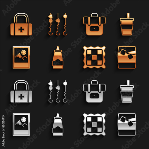 Set Sauce bottle, Paper glass with water, Glass of whiskey ice, Checkered napkin, Photo frame, Hiking backpack, First aid kit and Grilled shish kebab on skewer icon. Vector