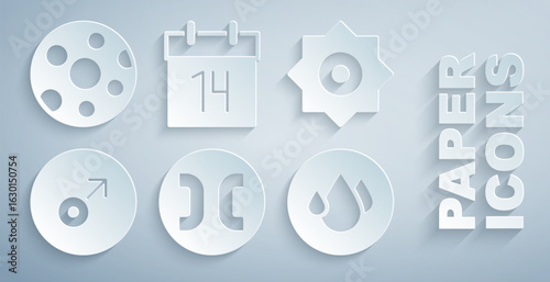 Set Pisces zodiac, Falling star, Mars symbol, Water drop, Calendar and Full moon icon. Vector