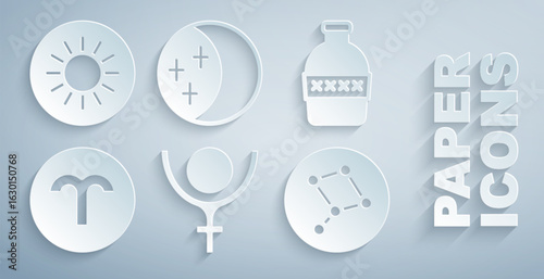 Set Symbol Pluto, Bottle of water, Aries zodiac, Great Bear constellation, Eclipse the sun and Sun icon. Vector