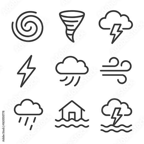 Weather Icon Set. Outline icon set of wind in storms: hurricane, tornado funnel, thunderstorm, lightning bolt, storm cloud, heavy
