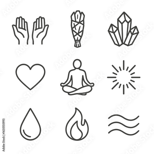 Healing Ritual Icons. Outline icon set of healing rituals: healing hands, herb bundle, crystal cluster, light rays, heart symbol,