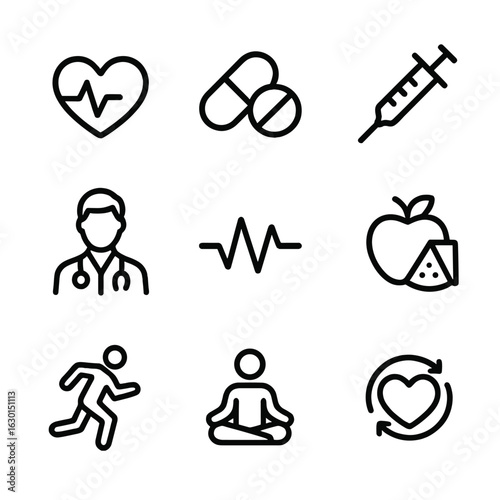 Health Icon Set. Outline icon set of change in health: heart rate, pills, vaccine, doctor, heartbeat, diet, exercise, meditation,
