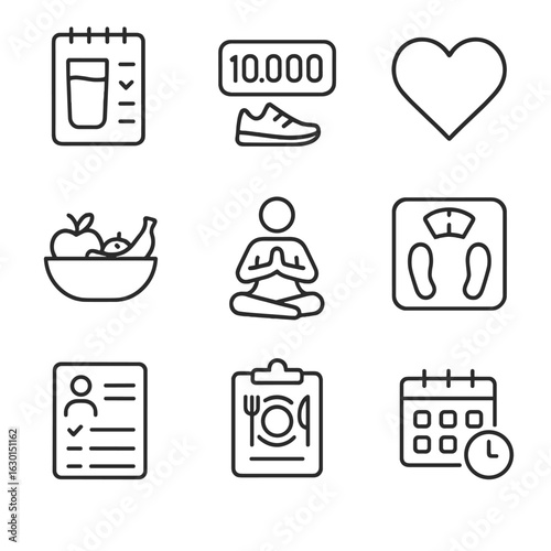Health and Travel Icons. Outline icon set of health journaling: water intake log, step counter, heart icon, fruit bowl, yoga pose,