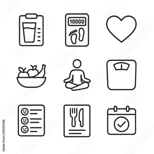 Health and Travel Icons. Outline icon set of health journaling: water intake log, step counter, heart icon, fruit bowl, yoga pose,