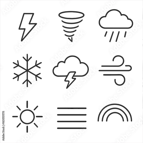 Weather Icons Grid. Outline icon set of wild weather phenomena: lightning bolt, tornado, rainstorm, snowflake, thundercloud, gust