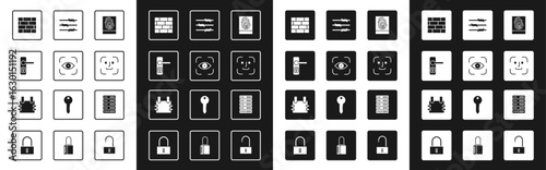 Set Fingerprint, Eye scan, Door handle, Bricks, Face recognition, Barbed wire, Server, Data, Web Hosting and Bulletproof vest icon. Vector