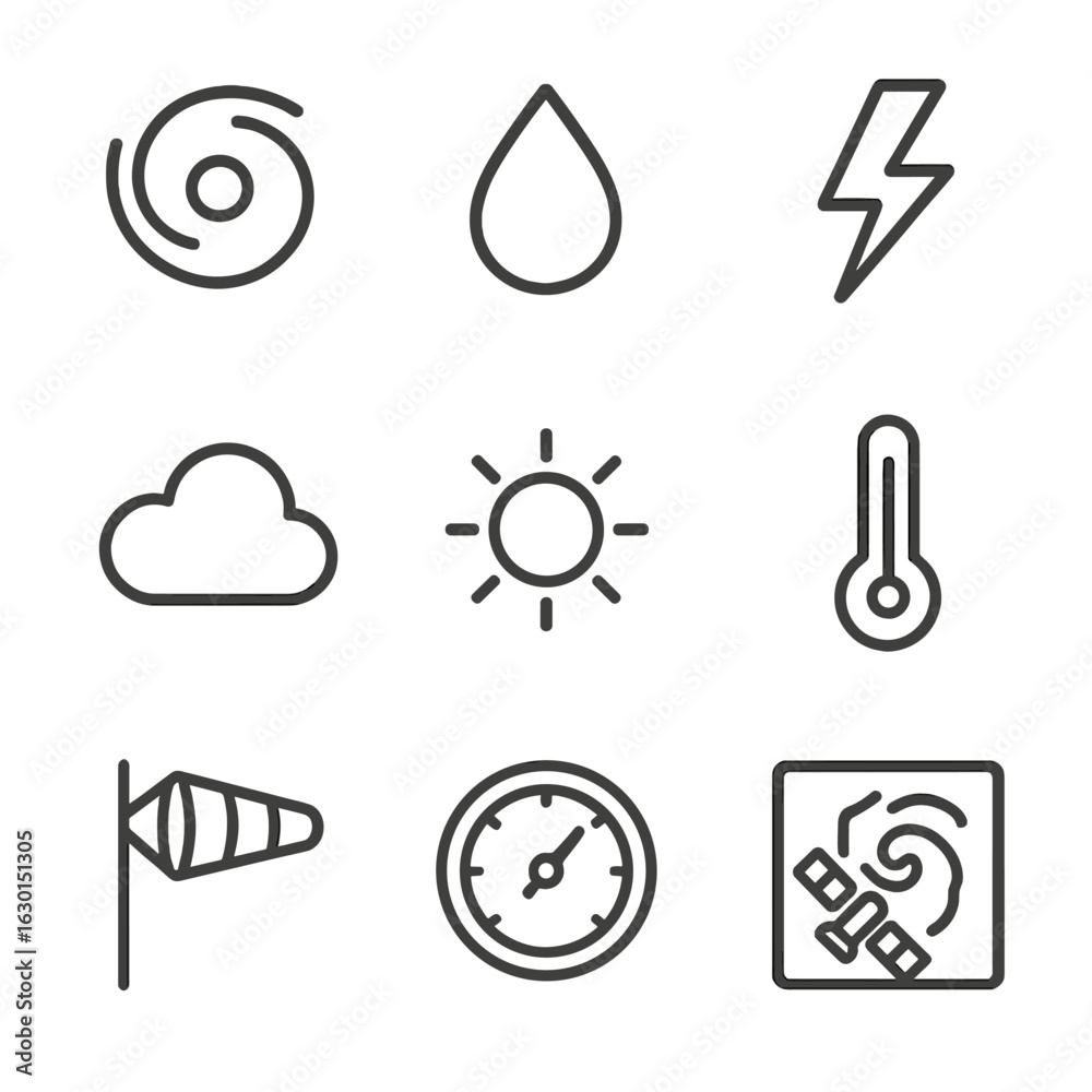 Fototapeta premium Weather Monitoring Icons. Outline icon set of satellite weather monitoring: cyclone, raindrop, lightning bolt, cloud, sun,