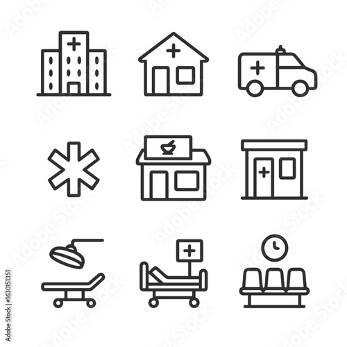 Healthcare Icons Set. Outline icon set of healthcare facilities: hospital building, clinic, ambulance, emergency sign, pharmacy,