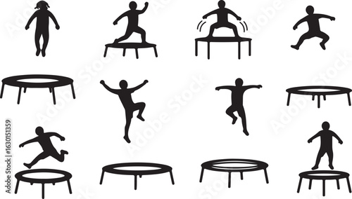 Silhouettes of People Jumping and Poses on Trampolines with Trampoline Frames bouncing fitness