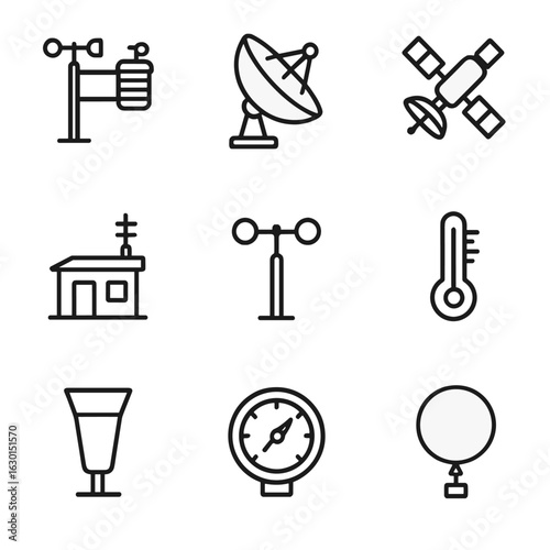 Weather Icon Set. Outline icon set of weather monitoring stations: weather station, radar dish, satellite, station building,