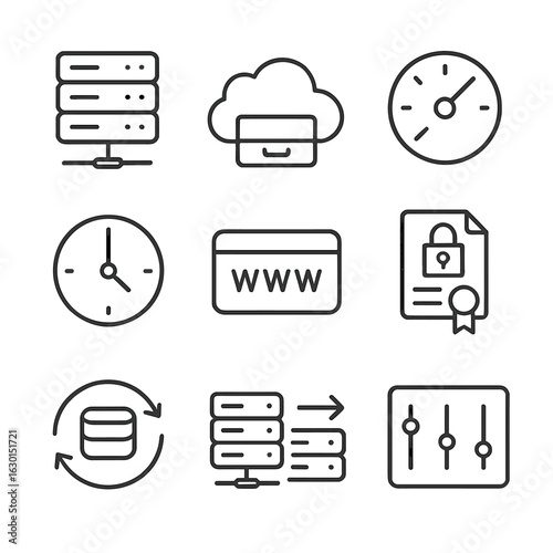 Web Hosting Icons. Outline icon set of web hosting: server, cloud storage, bandwidth meter, uptime clock, domain name, SSL
