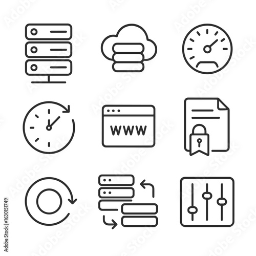 Web Hosting Icons. Outline icon set of web hosting: server, cloud storage, bandwidth meter, uptime clock, domain name, SSL