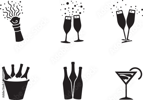 Celebration icons champagne, cocktails, bottles, party popper