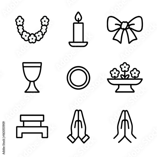Wedding Ritual Icons. Outline icon set of wedding rituals: garland exchange, wedding candle, ceremonial knot, blessing book,