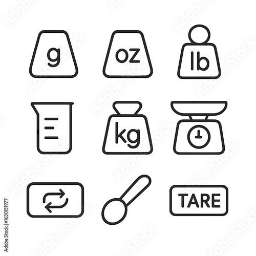 Weight Measurement Icons. Outline icon set of weight units and tools: grams icon, ounces icon, pounds icon, milliliters icon,