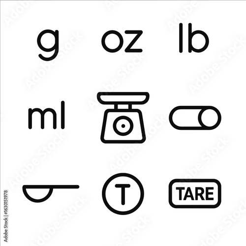Weight Measurement Icons. Outline icon set of weight units and tools: grams icon, ounces icon, pounds icon, milliliters icon,