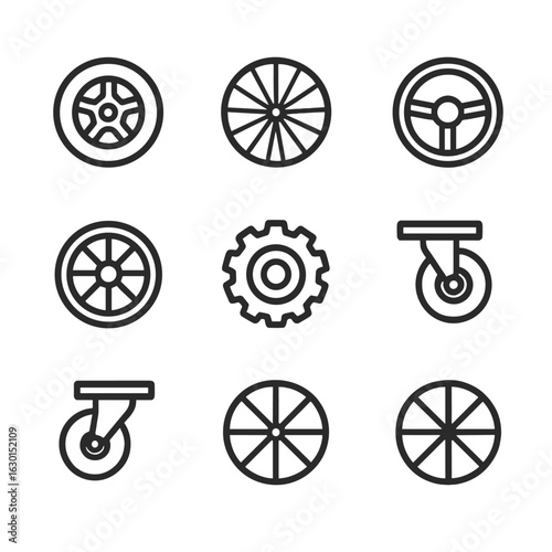 Wheel Icon Set. Outline icon set of wheel types: car wheel, bicycle wheel, steering wheel, wagon wheel, gear wheel, flywheel,