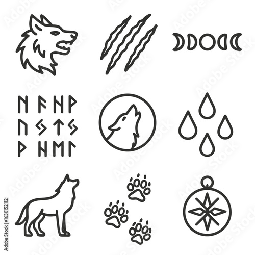 Werewolf Icon Set. Outline icon set of werewolf signs and symbols: wolf tattoo, claw scratch marks, moon phases, lycanthrope