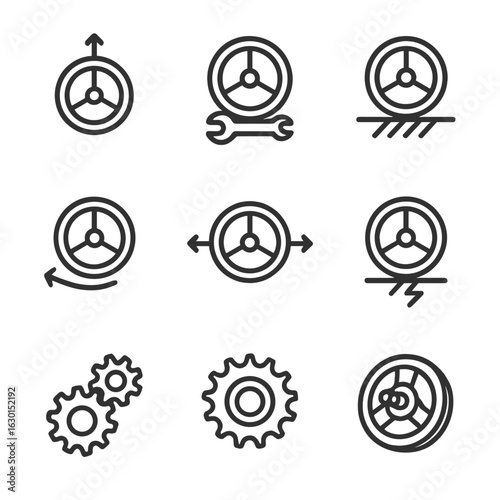 Wheel Engineering Icons. Outline icon set of wheel engineering concepts: rotation axis, torque, friction, centrifugal force,