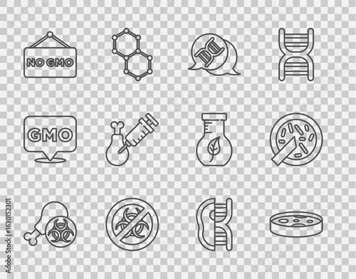 Set line Gmo research chicken, Petri dish with bacteria, DNA symbol, Stop GMO, No, Genetically modified meat and icon. Vector
