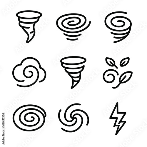Whirl Phenomena Icons. Outline icon set of whirl natural phenomena: dust devil, water whirlpool, wind vortex, spiral cloud,