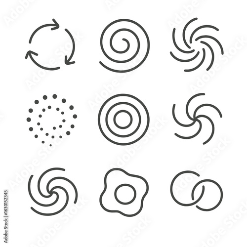 Whirl Icon Set. Outline icon set of whirl abstract: circular arrows, spiral loops, vortex lines, twirling dots, spinning rings,