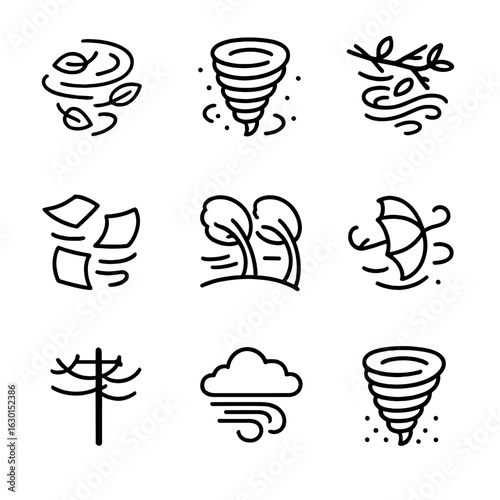 Whirlwind Weather Icons. Outline icon set of whirlwind weather effects: flying leaves, dust storm, broken branches, scattered