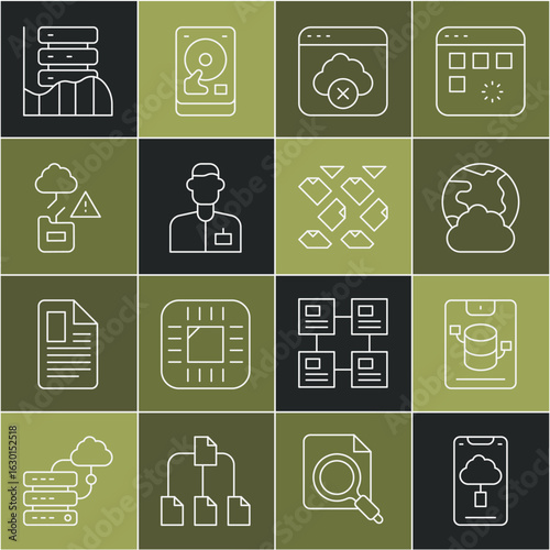 Set line Cloud technology data transfer, Server, Data, Web Hosting, Social network, Failed access cloud storage, Analyst engineer, and stream icon. Vector