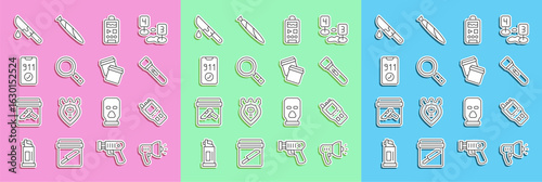 Set line Police megaphone, Walkie talkie, Flashlight, Dictaphone, Magnifying glass with search, Telephone call 911, Bloody knife and Plastic bag ziplock icon. Vector
