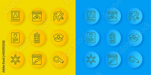 Set line Hexagram sheriff, The arrest warrant, Dictaphone, Whistle, Police cap with cockade, Wanted poster, Crime scene and Evidence bag gun icon. Vector