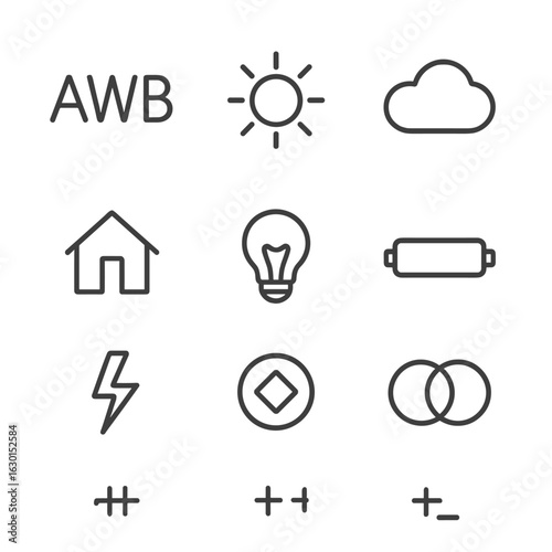 White Balance Icons. Outline icon set of white balance modes: auto white balance icon, daylight preset icon, cloudy preset icon,