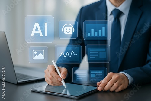 Professional manager uses an integrated ai toolkit on a tablet to analyze business data create content manage documents and handle customer support inquiries.