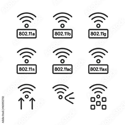 Wi-Fi Standards Icons. Outline icon set of Wi-Fi standards and technologies: 802.11a icon, 802.11b icon, 802.11g icon, 802.11n