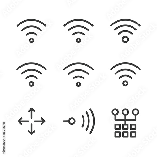 Wi-Fi Standards Icons. Outline icon set of Wi-Fi standards and technologies: 802.11a icon, 802.11b icon, 802.11g icon, 802.11n
